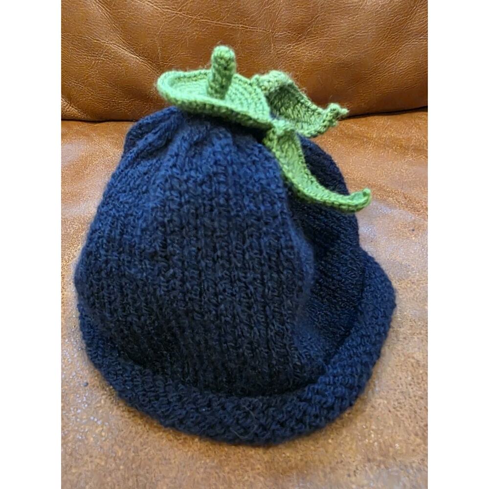 Handcrafted Blue Green Berry Themed Toddler Winter Beanie Hat Rolled Bottom